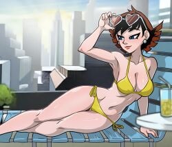 1girls 2024 2024s 2d 2d_(artwork) avengers belly_button big_breasts bikini blue_eyes brown_hair centinel303 city_background earring earrings female female_focus female_only janet_van_dyne marvel marvel_animated_universe marvel_comics navel outdoors short_hair slim_female solo solo_female sunbathing sunglasses sunglasses_on_head the_avengers:_earth's_mightiest_heroes thighs upwing_bell wasp_(earth's_mightiest_heroes) wasp_(marvel) wide_hips yellow_bikini