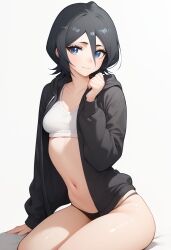 1girls ai_generated black_hair bleach kuchiki_rukia small_breasts sports_bra thong