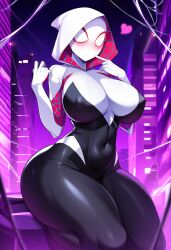 1girls ai_generated alternate_breast_size covered_navel covered_nipples female female_only gwen_stacy jeff's_ai_lewds marvel mask masked_female navel_visible_through_clothes novelai solo spider-gwen spider-man_(series) spoken_heart