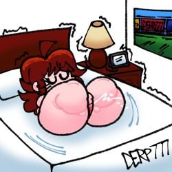 bed blue_sky brown_hair derp777 fat friday_night_funkin girlfriend_(friday_night_funkin) grass no_panties no_shoes nude obese orgasm shake_lines shaking squirting tagme train white_bed_sheet window