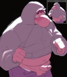 belly big_nose clothed clothes_down disney embarrassed embarrassment_(inside_out) inside_out male male_focus male_only overweight_male penis penis_out pink_skin purple_hair sometimesmonku sweater