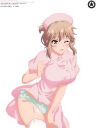 1girls 2021 absurd_res akagi_mio akiranyo artist_logo artist_name blush boku_to_nurse_no_kenshuu_nisshi brown_hair_female character_name english_text female garter_straps green_panties image nurse_cap nurse_uniform one_eye_closed pink_cap pink_nurse_outfit purple_eyes skirt_up text thigh-high_stockings transparent_background vector_trace white_stockings work_name