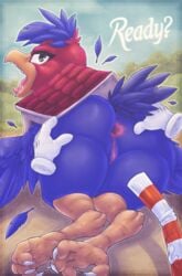 2017 absurd_res anus ass avian beak big_butt bird cockatrice cuphead_(game) digital_media_(artwork) dimwitdog disembodied_hand duo english_text feathers female hi_res looking_at_viewer looking_back open_beak open_mouth penis pussy rule_63 straw text thick_thighs wally_warbles