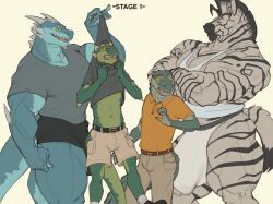 2024 alpha_male anthro arm_spikes belt big_muscles black_bottomwear black_clothing black_hair black_shorts black_snout black_stripes blue_body blue_eyes blue_scales bottomwear brown_belt brown_eyes bulge cargo_shorts claws clothing cocky cocky_smile conner_(oldshep) crocodile crocodilian crocodylid crossed_arms curtis_(oldshep) daddy deltoids dragon elbow_spikes equid equine facial_spikes finger_claws fraternity fur gareth_(oldshep) green_body green_eyes green_scales grey_clothing grey_shirt grey_topwear group hair head_spines hi_res holding_partner horse jockstrap khaki_pants larger_anthro larger_male male male_only mammal manly multicolored_hair muscular muscular_anthro muscular_male muscular_thighs mythological_creature mythological_scalie mythology oldshep orange_clothing orange_shirt orange_topwear polo_shirt reptile scales scalie sharp_teeth shirt shirt_pulled_up shorts size_difference skinny_anthro skinny_male smaller_anthro smaller_male spikes spikes_(anatomy) striped_body striped_fur stripes tank_top teeth thick_thighs topwear tough_guy two_tone_hair underwear wayne_(oldshep) white_body white_clothing white_fur white_hair white_jockstrap white_shirt white_tank_top white_topwear white_underwear yellow_sclera zebra