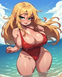 1girls ai_generated blonde_hair cameltoe female female_only freckles freckles_on_breasts freckles_on_face green_eyes long_hair nipple_bulge original red_swimsuit red_swimwear rocksolidart seaside solo solo_female swimsuit swimwear thick_thighs water wide_hips