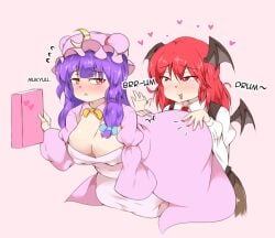 2girls :&lt; :p behind_another bent_over big_ass big_breasts black_dress black_vest blush book chubby cleavage collar collared_shirt crescent_hair_ornament demon_wings devil devil_girl double_bun english_text heart holding_book humor impact_lines jungleboyayaya koakuma long_hair long_sleeves lustful_gaze mob_cap nipples_bulge patchouli_knowledge purple_hair red_eyes red_hair red_necktie sidelocks smacking_ass sound_effects succubus teal_bow touhou unamused white_shirt wholesome wings_on_head yellow_bowtie yuri