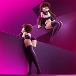 blush breasts brown_eyes brown_hair butt geometry_dash horny josemadcastillo looking_back pink_background saragm suggestive_look