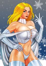 blonde_hair blue_eyes cape clothed emma_frost female female_only marvel marvel_comics mistertomat snow snowflake snowing standing white_cape white_clothing white_queen x-men