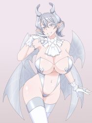 demon_girl demon_horns dress duel_monster female gloves huge_breasts labrynth_of_the_silver_castle lactone1121 legwear lovely_labrynth_of_the_silver_castle navel pose silver_eyes smile voluptuous white_hair wings yu-gi-oh!