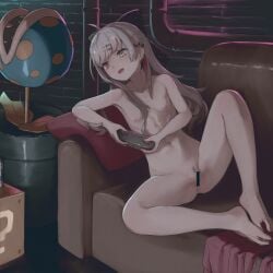 barefoot black_bow bow censored colored_inner_hair completely_nude controller couch ear_piercing earrings elbow_rest female flat_chest game_controller grey_eyes grey_hair hair_ornament hairbow hairclip heterochromia highres holding holding_controller industrial_pipe ishigami_nozomi jewelry leaning_to_the_side long_hair miyako_(naotsugu) multicolored_hair navel nijisanji nipples nude open_mouth piercing pillow piranha_plant playing_games polka_dot polka_dot_bow pubic_hair pussy red_eyes red_hair solo spread_legs stomach streaked_hair virtual_youtuber