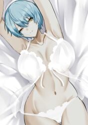 1girls angela_(lobotomy_corporation) armpits arms_above_head arms_up big_breasts big_breasts blue_hair bra breasts breasts exposed_torso eyelashes female lace-trimmed_bra lace_bra lace_panties lace_trim_panties lace_trimmed_lingerie lace_trimmed_panties library_of_ruina light-skinned_female light_skin lingerie lingerie_bra lingerie_panties on_back on_bed project_moon short_hair smiling smiling_at_viewer white_background white_bra white_lingerie white_panties yellow_eyes