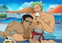 3boys ako_(pixiv) anal anusassbarefoot blush body boys erectionfeet full gayglasses grab green hair hairgroup headbandmalemale johnny_(one_piece) male_only muscle nude one_piece onlymasturbating penetrated penis roronoa_zoro scar sex tattoo testicles threesome while yaoi yosaku