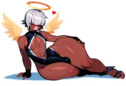 1boy ai_generated alriel angel angel_wings black_femboy dark-skinned_male dark_skin erection erection_under_clothes femboy halo huge_ass mullon novelai penis solo trap voluptuous white_hair wide_hips wings