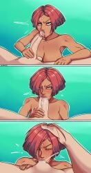 1boy 1girls angry blue_eyes blush deepthroat fellatio giovanna_(guilty_gear) guilty_gear huge_cock medium_hair open_mouth penis penis_grab red_hair s0_underrated tan_skin testicles vein veiny_penis