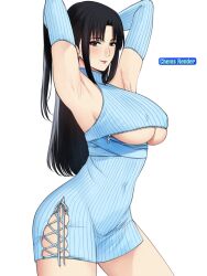 2020s 2023 absurd_res arm_warmers arms_behind_head artist_logo big_breasts black_hair_female breast_zipper hairless_armpits long_hair my_mother_the_animation nush_(xter) plussinger render sweater_dress underboob underboob_cutout white_background