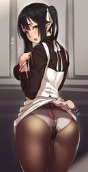 1girls ass black_hair black_legwear blush bracelet breasts crotch_seam elf elf_(houtengeki) female female_only hair_ribbon houtengeki jewelry large_breasts long_hair looking_at_viewer open_mouth original panties panties_under_pantyhose pantyhose pointy_ears ribbon skirt skirt_lift solo twintails underwear yellow_eyes