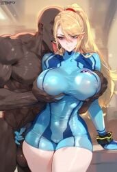 ai_generated big_breasts bimbo blonde_hair breast_grab chocopizza curvy dark-skinned_male female femsub floxin male male/female metroid nintendo samus_aran submissive_female thick_thighs tight_clothing voluptuous voluptuous_female