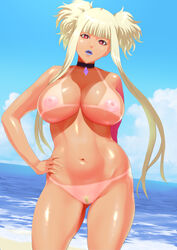 aoki_hagane_no_arpeggio beach blonde_hair blue_lips breasts choker dark-skinned_female dark_skin day female hand_on_hip hyji kongou_(aoki_hagane_no_arpeggio) large_breasts lips long_hair nipples nude ocean open_mouth pubic_hair red_eyes solo tanline tanlines tanned vagina