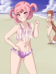 2girls 5_fingers beach bikini bikini_bottom bikini_top carmach101 collarbone covering covering_breasts doki_doki_literature_club female female_only glitch glitch_effect glitching green_eyes human light_blush long_hair monika_(doki_doki_literature_club) multiple_girls natsuki_(doki_doki_literature_club) navel pink_eyes pink_hair revenge sand sky smile smiling swimwear topless topless_female very_long_hair water