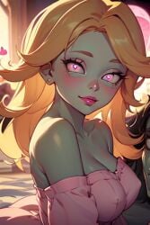 2girls ai_generated bedroom blonde_hair clothed glitter_zombie glitter_zombie_(pvz) heart plants_vs_zombies zombie zombie_girl