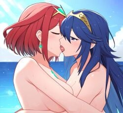2girls ai_generated beach blue_eyes blue_hair blush breasts chest_jewel core_crystal crossover earrings embrace female female_only fire_emblem fire_emblem_awakening french_kiss kissing long_hair lucina_(fire_emblem) multiple_girls nintendo nude nude_female ocean one_eye_closed pyra pyra_(xenoblade) red_hair short_hair small_breasts super_smash_bros. symmetrical_docking tiara xenoblade_(series) xenoblade_chronicles_2 yuri