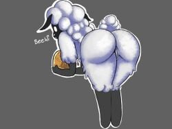 4:3 anthro ass big_butt bleating bovid caprine digital_media_(artwork) female geckos_lover genitals hi_res looking_back mammal open_mouth presenting presenting_pussy pussy sheep sheep_(ultimate_chicken_horse) simple_background solo tail text thick_thighs ultimate_chicken_horse white_body yairo