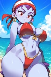 2d ai_generated bandana beach big_breasts big_thighs bikini day highleg_bikini outdoors purple_eyes purple_hair purple_skin risky_boots shantae tagme