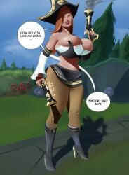 big_breasts boob_squish greco_(artist) league_of_legends red_hair sarah_fortune smile thick_thighs wide_hips