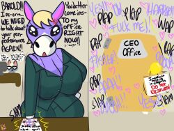 angry animal_crossing anthro big_breasts breasts cleavage cleo_(animal_crossing) clothed clothing cross-popping_vein domestic_cat duo equid equine felid feline felis female first_person_view hi_res horse huge_breasts klutzatdusk looking_at_viewer male male/female mammal moan nintendo office_lady office_sex raymond_(animal_crossing) screaming tight_clothing uniform wide_hips