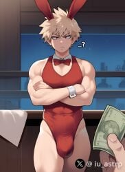 1boy 20_bucks_is_20_bucks ? ai_generated bakugou_katsuki bar bara blonde_hair boku_no_hero_academia bulge bunny_ears crossed_arms curvy frown gay iu_astrp katsuki_bakugou male_focus male_only muscular_male my_hero_academia night offering_money playboy_bunny red_eyes solo spiked_hair stable_diffusion standing white_skin yaoi