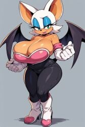 1girls 6_fingers ai_generated bat_wings big_breasts blue_eyeshadow breasts cleavage clothing curvy_figure eyelashes eyeshadow female furry green_eyes huge_breasts makeup massive_breasts rouge_the_bat solo solo_female sonic_(series) thick_thighs wings