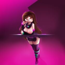 1:1 1girls 2024 3d absurd_res blush boots breasts brown_eyes brown_hair clothed clothing female geometry_dash hand_on_head horny josemadcastillo leaning_on_object long_hair looking_away nipple_slip nipples one_breast_out open_mouth pink_background saragm simple_background skirt solo solo_female thighhighs wardrobe_malfunction