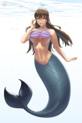 bikini breasts brown_hair curvy female female_only glasses large_breasts long_hair looking_at_viewer lvl mermaid monster monster_girl navel necklace original pearls png smile solo underwater water wide_hips