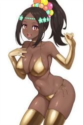 ai_generated bellybutton bikini breasts dark-skinned_female dark_skin gloves golden_bikini large_breasts looking_at_viewer open_mouth pyo_3300 shiny_eyes symbol symbol-shaped_pupils symbolshaped_pupils thighhighs timerra_(fire_emblem)