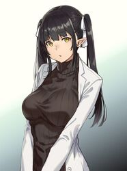 black_hair breasts closed_mouth earrings elf elf_(houtengeki) eyebrows_visible_through_hair female female_only hair_ribbon houtengeki lab_coat large_breasts long_hair looking_at_viewer original pointy_ears ribbed_sweater ribbon solo sweater turtleneck twintails white_ribbon yellow_eyes