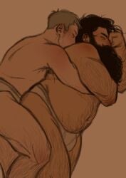 2boys 2males bara barazoku beard belly blonde_hair brown_hair chubby_male cuddling delicious_in_dungeon dungeon_meshi dwarf dwarf_male hairy_male hairy_thighs hugging_from_behind kanakori laios_touden limited_palette long_beard male_only senshi_(dungeon_meshi) spooning thick_thighs underwear underwear_only