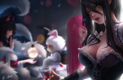 1boy 3girls 3girls1boy ahri alcohol alternate_version_available black_hair black_hair_female blur blurry_background boob_window breast_focus chest_focus cottontail_teemo d-han face_markings female female_focus french_maid french_maid_nidalee green_eyes green_eyes_female hi_res high_res high_resolution highres katarina katarina_du_couteau league_of_legends long_hair long_hair_female looking_at_viewer maid maid_outfit maid_uniform male more_at_source multiple_girls nidalee red_hair red_hair_female riot_games shiny shiny_breasts shiny_skin shocked shocked_expression simple_background skimpy_outfit skimpy_uniform teemo the_grind_series wine wine_glass