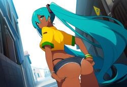 adjusting_clothes after_sex ai_generated alley aqua_eyes aqua_hair black_thong bracelet brazilian_miku closed_mouth cumdrip curly_hair day earrings female hatsune_miku long_hair medium_breasts midriff necklace novelai outdoors prostitution seductive_eyes short_sleeves shorts smile standing twintails uncensored urban vocaloid yellow_shirt