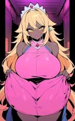 1girls 2d ai_generated big_breasts blonde_hair breasts crown curvy dark-skinned_female dark_skin dress huge_breasts large_breasts looking_at_viewer myaim original_character pink_clothing pink_dress pink_outfit princess princess_dress pulling_up_dress tagme