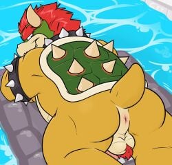 2019 absurd_res anus ball_tuft balls bowser bowser_day collar digital_media_(artwork) genitals graros hair hi_res horn koopa looking_at_viewer lying male mario_(series) nintendo on_front pool pool_float red_hair scalie shell solo spikes tail tuft