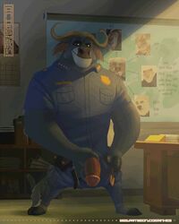 2017 anhes animated anthro balls big_pecs bovine buffalo cape_buffalo chief_bogo clothing disney erection hi_res hooves huge_balls huge_cock humanoid_penis male male_only mammal musclegut muscles muscular muscular_male penis pinup polar_bear police_station police_uniform pose simple_background solo tiger vein zootopia