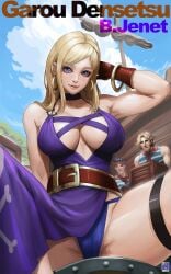 1girls arm_behind_back arm_behind_head arm_support armpits artist_name big_breasts blonde_hair blue_eyes bonne_jenet breasts busty cameltoe cleavage dress fatal_fury female garou:_mark_of_the_wolves highres king_of_fighters legs long_hair looking_at_viewer pink_lips pose posing sensual sitting smile snk solo spread_legs thighs thong voluptuous