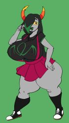 alien black_hair bronya_ursama colored_skin grey_skin hiveswap homestuck homestuck_troll horn horns huge_boobs mrxharlequinn nipples_visible_through_clothing sfw solo_female suggestive thick_thighs troll