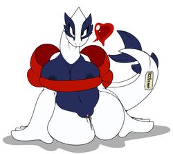 2017 anthro big_breasts breasts digital_media_(artwork) dripping english_text female kingbeast legendary_pokémon looking_at_viewer lugia mostly_nude nintendo nipples pokemon pokemon_(species) pussy pussy_juice ribbons simple_background tempest_(xsomeonex) text video_games white_background