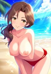 ai_generated beach bikini_bottom breasts idolmaster idolmaster_cinderella_girls kawashima_mizuki nipples smile topless