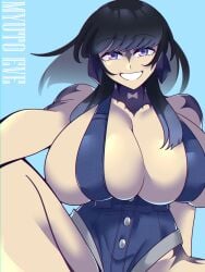 1girls bare_shoulders big_breasts bikini black_hair blue_background blue_eyes breasts_bigger_than_head busty clavicle collarbone enormous_breasts eyebrows_visible_through_hair female female_focus female_only gigantic_breasts horn horned_humanoid horns huge_breasts humongous_breasts large_breasts light-skinned_female light_skin looking_at_viewer massive_breasts myutoeve open_smile original_character overalls short_hair slim_waist sling sling_top smile smiling_at_viewer solo solo_female solo_focus tattoo thick_thighs thin_waist