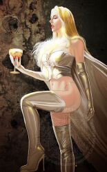 1girls blonde_hair blue_eyes cape clothed clothing emma_frost female female_only fur long_hair marvel marvel_comics raro666 standing white_cape white_clothing white_queen wine wine_glass x-men