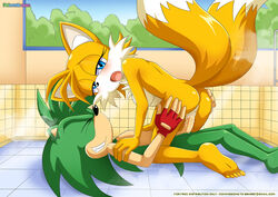 1boy 1girls 5_toes ass big_tail blush closed_eyes cowgirl_position feet fingerless_gloves fox furry furry_only genderswap gloves green_fur half-closed_eyes hedgehog interspecies male manic_the_hedgehog mtf_transformation no_humans open_mouth palcomix penetration penis sega sex sonic_(series) straight tails tailsko two_tone_fur vaginal_penetration