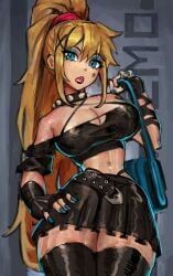 1girls alternate_version belly_button belt big_breasts black_clothing black_lipstick blonde_hair blue_eyes cleavage clevage collar crop_top female female_only fingerless_gloves fully_clothed goth goth_girl gothic gothified hands_on_hips hourglass_figure lipstick long_hair looking_at_viewer metroid midriff nail_polish nintendo painted_fingernails painted_nails piercings ponytail purse revealing_clothes saiykik samus_aran skirt slim_waist solo spiked_collar stomach tagme thick_thighs thighhighs wide_hips