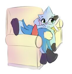 2017 anthro blush dewott erection eyewear furry furry_only glasses green_eyes lying male male_focus male_only nintendo no_humans nude penis pokémon_(species) pokemon pokemon_(species) rockii simple_background sofa solo video_games white_background